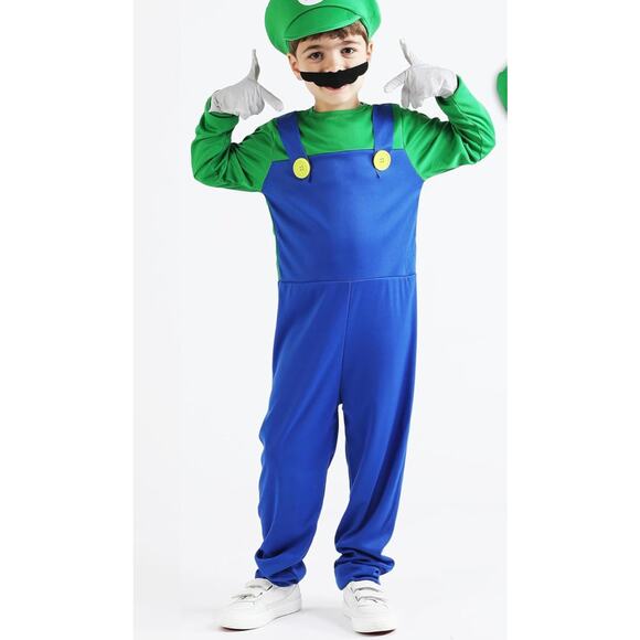 Halloween Unisex Kids Super Brothers Cosplay Jumpsuit Hat Luigi Plumber Costume - Picture 2 of 6